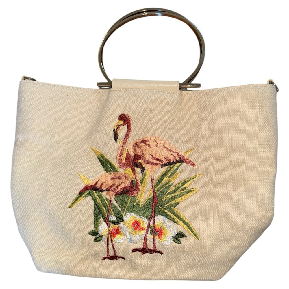 Bueno Embroidered Canvas Tropical Flamingo Silver Metal Top Handle‎ Tote Purse
